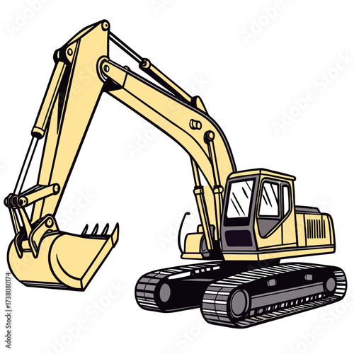 Yellow excavator machine with black tracks and bucket