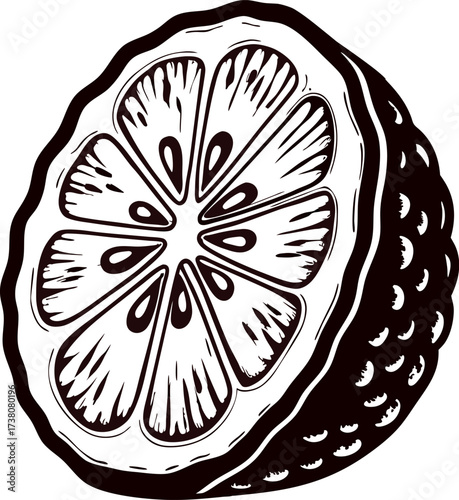 Hand drawn detailed lemon slice with textured rind and visible juicy segments in vintage engraving