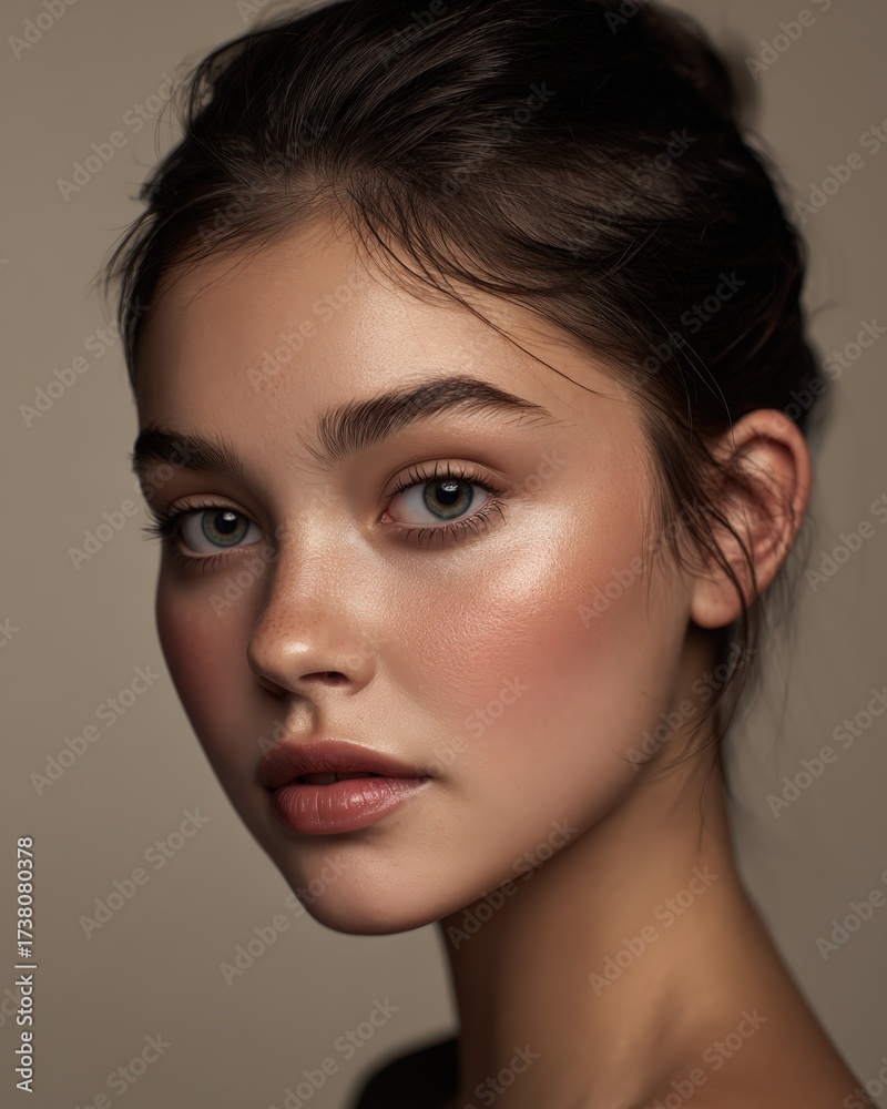 Naklejka premium clean beauty portrait, dewy skin, minimal makeup, soft side light, neutral backdrop 