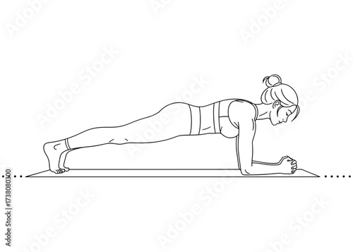 Woman doing a Forearm Plank exercise for core strength and stability. A foundational fitness and yoga pose. Minimalist line art vector for an ab workout concept.

