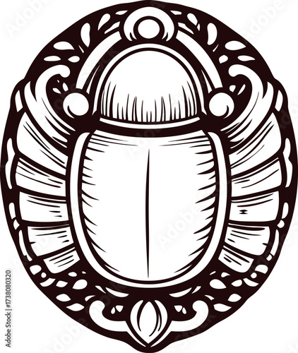 Hand drawn ornamental scarab beetle emblem with detailed vintage line art illustration