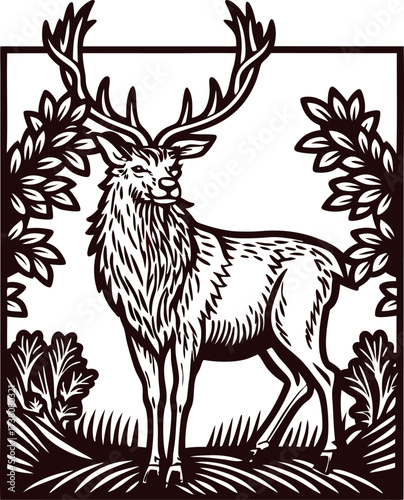 Majestic stag with large antlers standing in grass among bushes, vintage engraved animal illustration