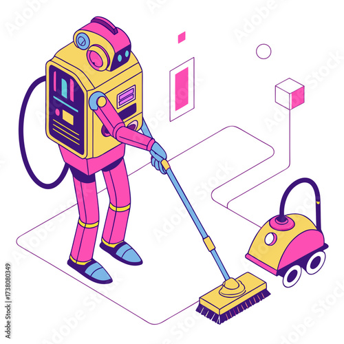 Yellow pink robot with broom and vacuum cleaner cleaning