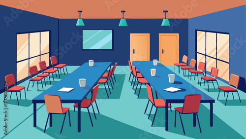 A multipurpose room with foldable tables and chairs perfect for meetings or workshops