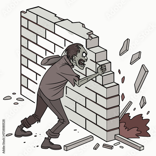 Zombie breaking through a brick wall with debris destruction