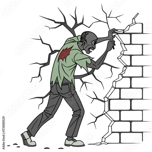 Zombie breaking through a white brick wall vector