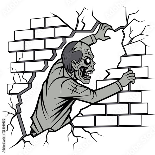 Zombie breaking through cracked brick wall monster