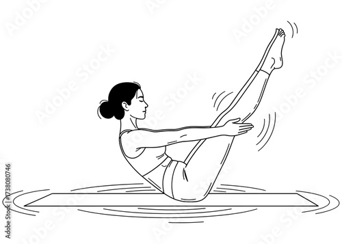 Woman in Boat Pose, Navasana. A challenging yoga and pilates exercise for core strength, balance, and abs. Minimalist line art vector for a fitness workout.

