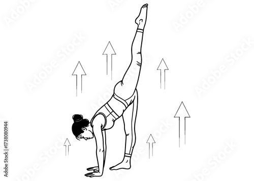 Woman in Standing Split pose, Urdhva Prasarita Eka Padasana. An advanced yoga inversion for balance and deep hamstring stretch. Line art with upward arrows.

