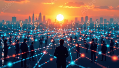 Wallpaper Mural Silhouetted People Connecting Digital Network Sunset Torontodigital.ca