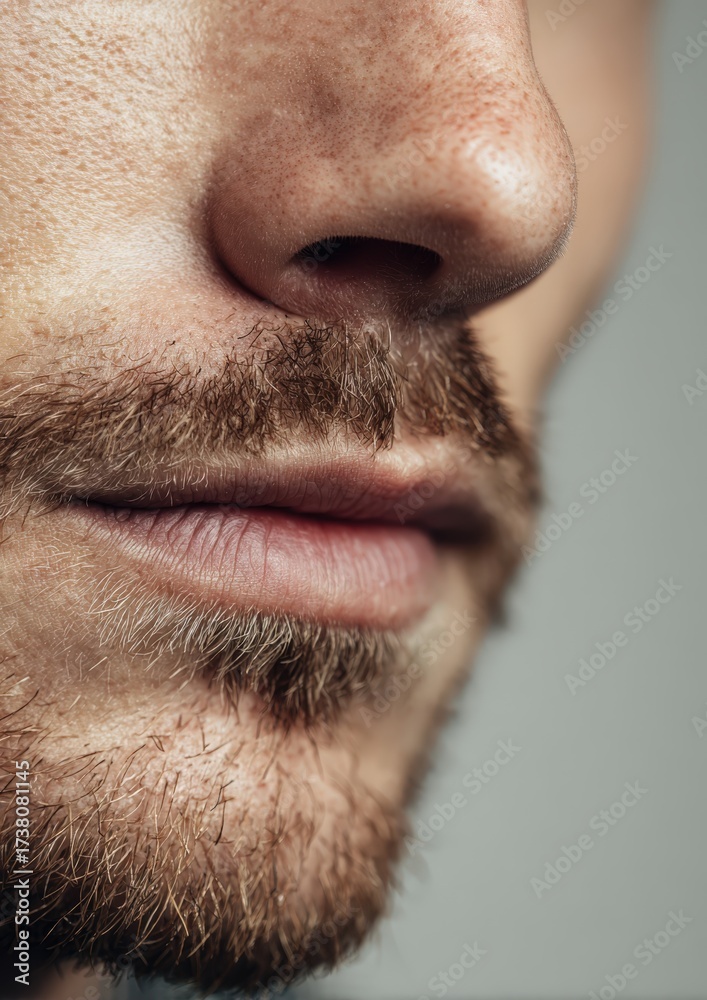 Fototapeta premium Lifestyle portrait concept: cropped anonymous jawline with mustache, seamless background, editorial-safe, large copy margin left 