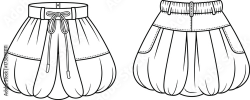 Bubble shorts flat sketch, women fashion culottes CAD drawing, garment vector template, clothing technical illustration, sewing pattern design, apparel flat