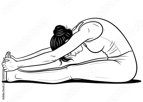 Woman in Seated Forward Bend, Paschimottanasana. A deep yoga stretch for hamstrings and spine. Line art sketch for flexibility, relaxation, and wellness.

