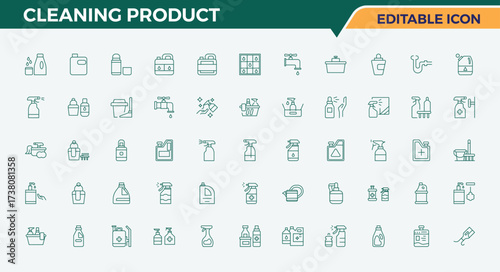 Cleaning Product icon set. Isolated icons. Pictograms of sanitizer, dishwasher, washer, disinfect, house, cleaning product. Editable stroke. Pixel Perfect. Disinfection line icon set.