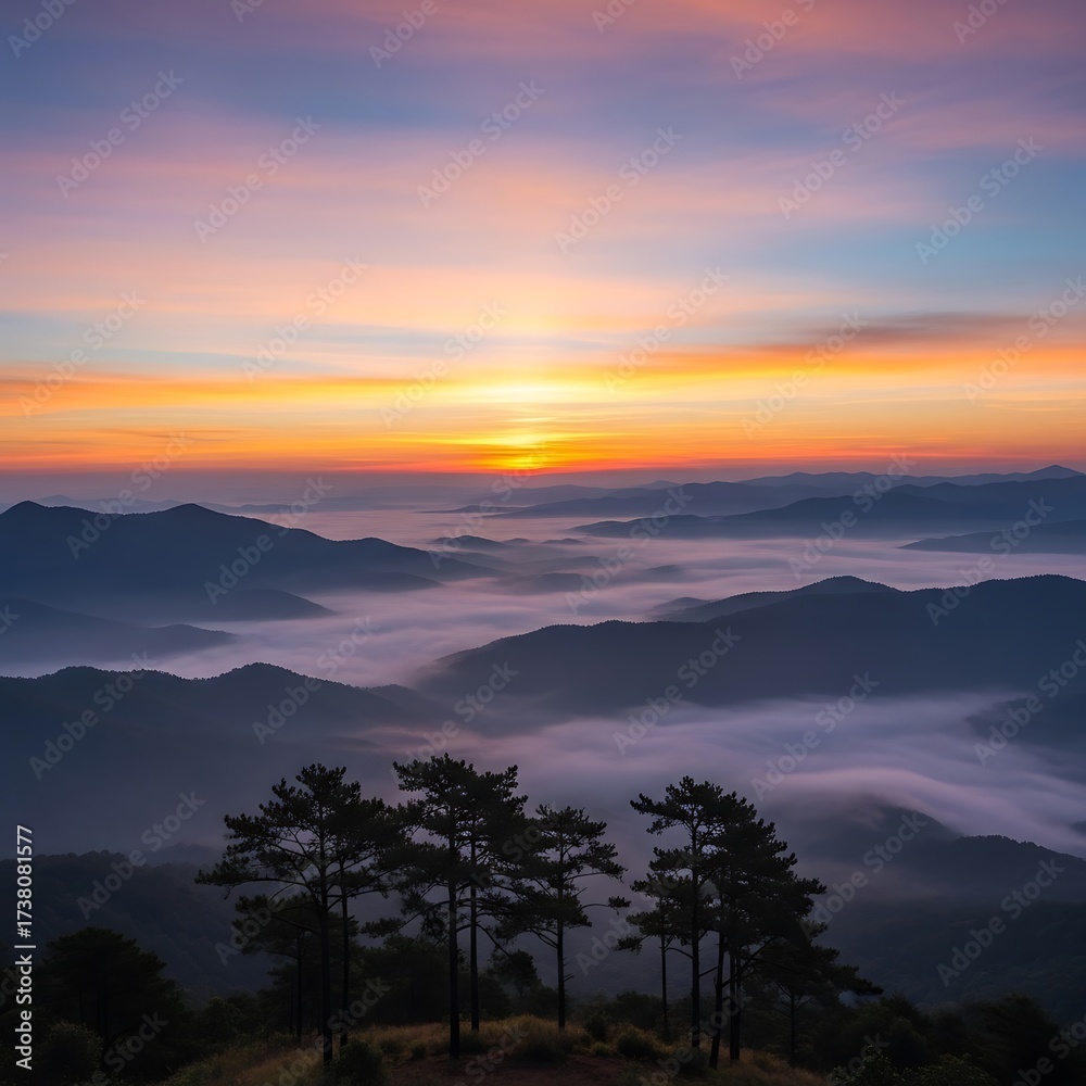 Obraz premium Sunrise Over Mountain Peaks - A Serene Landscape.
