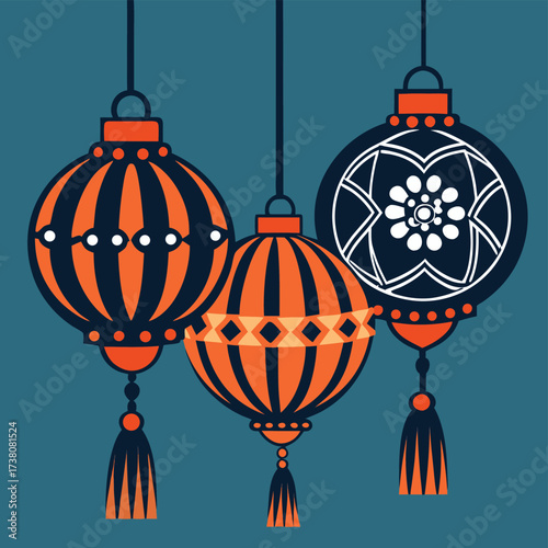 Three decorative hanging lanterns with tassels in warm orange and dark blue colors against a teal background