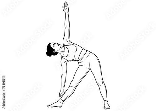 Woman in Triangle Pose, Trikonasana. A standing yoga asana for a deep side bend and hamstring stretch. Minimalist line art vector for fitness and wellness.

