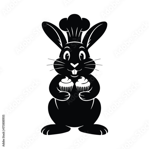Cute chef rabbit holding cupcakes ready for baking easter treats and celebrations silhouette