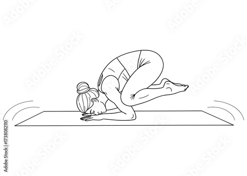 Woman balancing in Crow Pose, Bakasana. A foundational yoga arm balance for building strength, focus, and concentration. Line art vector illustration for fitness.

