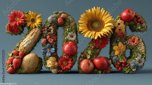 Creative decoration of the year 2026 using fresh fruits, flowers, and greenery in a vibrant display on a simple background