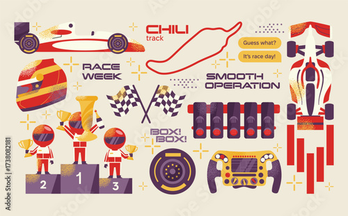 Race car, f1 set, drivers, podium, trophy, checkered flags, racing helmet, steering wheel, tires. Flat vector illustration of motorsport elements. Automobile racing and competition concept