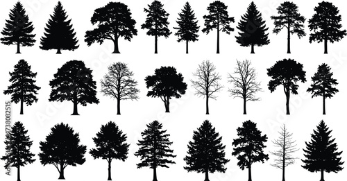 Silhouette collection of various trees including pine, oak, and deciduous species, isolated on white background, detailed forest elements, natural plant vector illustration