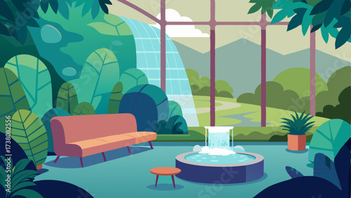 A peaceful oasis hidden away in a corner of the greenhouse featuring a trickling waterfall and comfortable seating for visitors to relax and take in the beauty of their