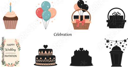 Celebration anniversary wedding invitation balloons cupcake gift basket