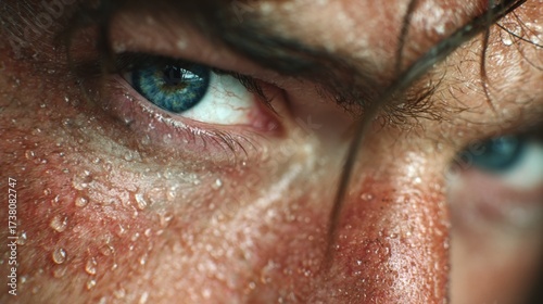 Close-up of a sweating face with intense blue eyes during a physical activity in a warm environment