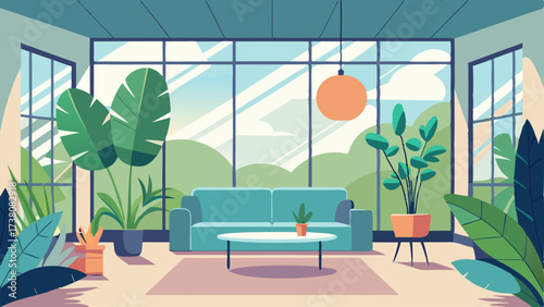 A living room with a large floortoceiling window allowing natural light to flood in and illuminate the abundance of plants that fill the space.