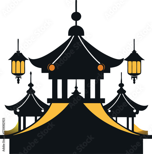 Silhouette of a traditional asian pagoda building with lanterns at dusk