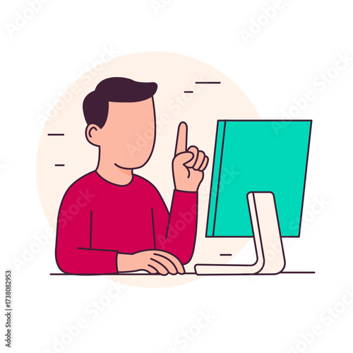 Man pointing up while working on computer. Idea or reminder concept.