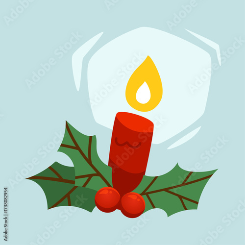 Festive Red Candle Adorned with Holly Leaves and Berries Under a Soft Light