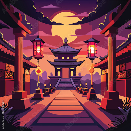 Serene japanese temple entrance at sunset with glowing lanterns and full moon