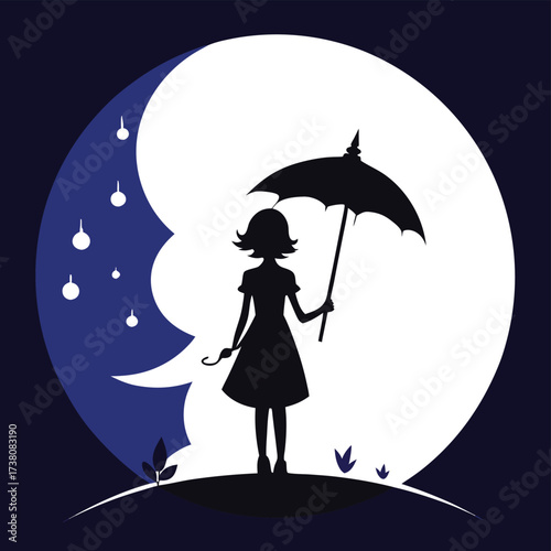 Silhouette of a young girl holding an umbrella under a large moon and starry night sky