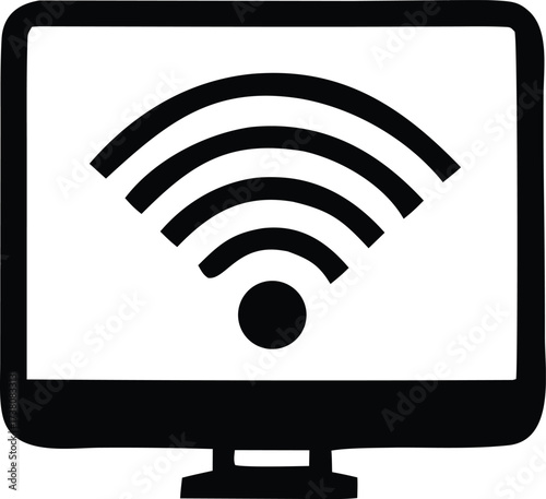 Computer monitor displaying wi-fi signal icon for wireless network connectivity and internet access technology