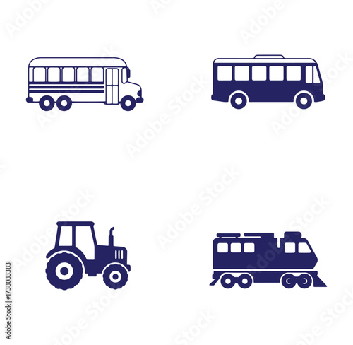 Simple blue transportation icons of a school bus, a bus, a tractor, and a train