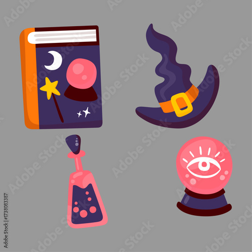 Magical Objects Set Witch Hat, Potion, Crystal Ball, and Spell Book