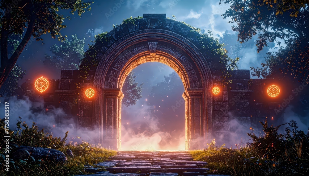 Fototapeta premium Glowing mystical portal surrounded by ancient ruins and eerie forest, symbolizing magical Halloween realm and mysterious passage between worlds.