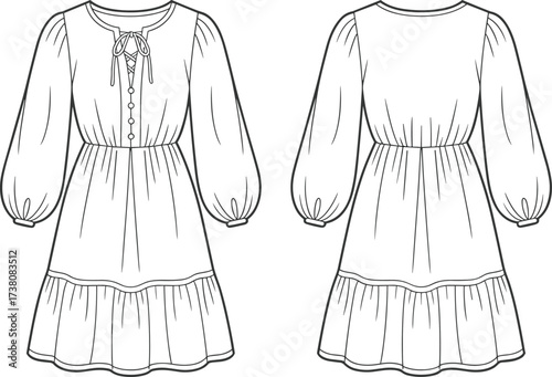Dress flat sketch vector, women long sleeve dress CAD drawing, fashion garment template, clothing technical illustration, sewing pattern design, apparel