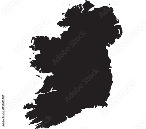 Ireland Silhouette: A striking silhouette of the island of Ireland, rendered in solid black, isolated against a neutral backdrop. Emphasizing its distinctive shape, perfect for design projects.