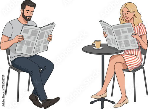 Couple reading morning newspaper at cafe, man and woman with coffee, news, information, daily routine, morning break, business, communication, weekend leisure, flat illustration.