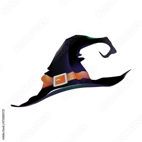 A black witch's hat with an orange band and buckle, perfect for Halloween and magical costumes