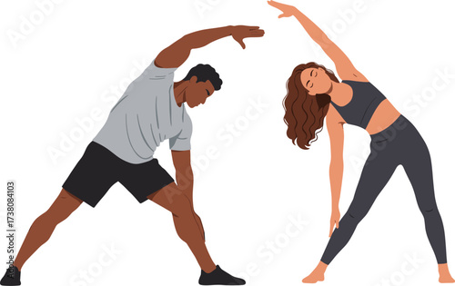 Fitness couple stretching, sporty man and woman doing yoga or Pilates exercise, side bend pose, healthy lifestyle, studio workout, gym, home, flexibility, wellness.