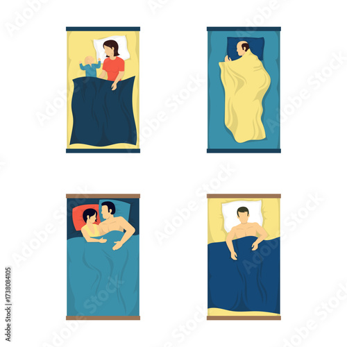Diverse Sleeping Positions Illustrated Individuals and Couples in Bed