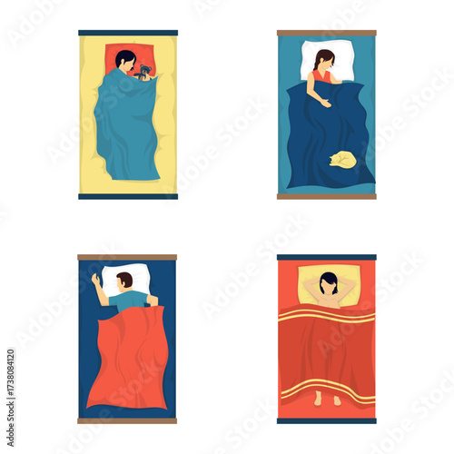 Overhead view of people sleeping comfortably in bed, showcasing different sleeping positions and blankets