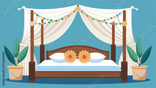 A guest room with a wooden fourposter bed draped with flowy white curtains adorned with seashell garlands and tropical print pillows.