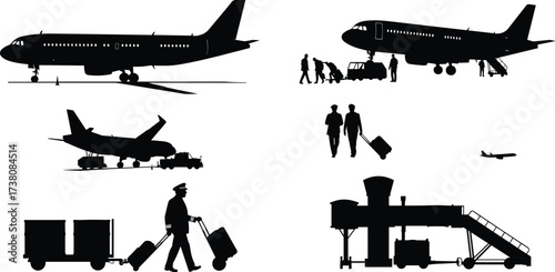 Black silhouette vector set of airplanes, passengers, airport staff, luggage, boarding, ground services, cargo handling, jetway, aviation, travel illustrations