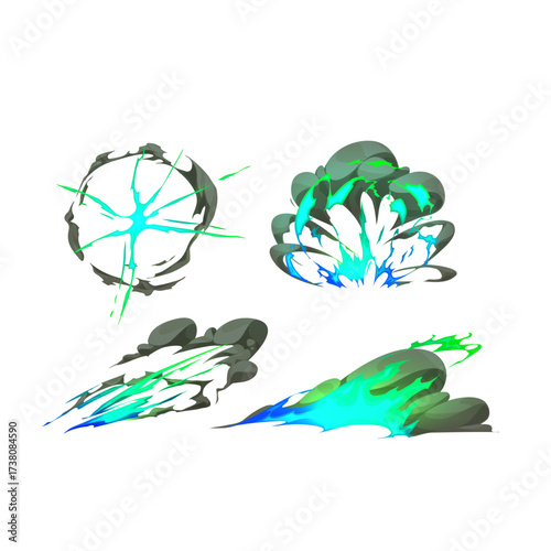 Explosive bursts of green and blue energy with swirling light effects on a white background