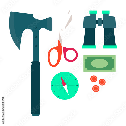Survival and adventure gear including axe, compass, binoculars, scissors, and money for exploration